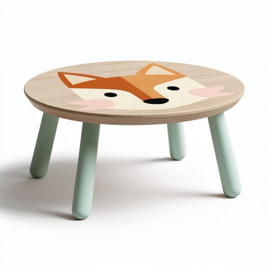 Tavolino rotondo in legno con decorazione volpe e gambe verdi 60 x 60 x 30cm