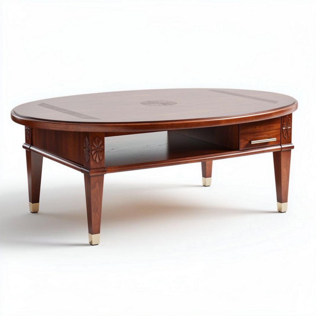 Tavolino da caffè ovale in legno marrone con cassetto dimensioni 150 x 80 x 45cm