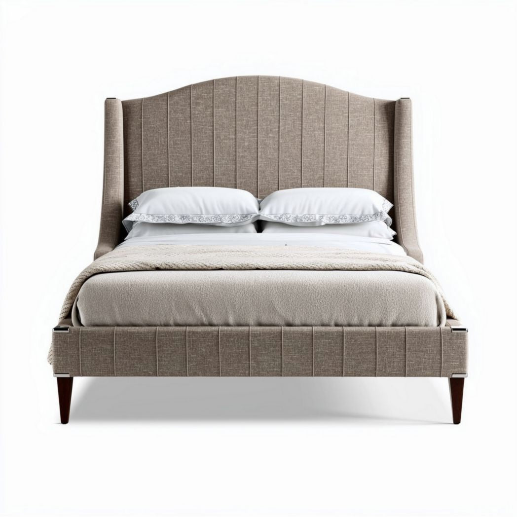 Letto matrimoniale in tessuto beige con testiera alta 210 x 160 x 120cm