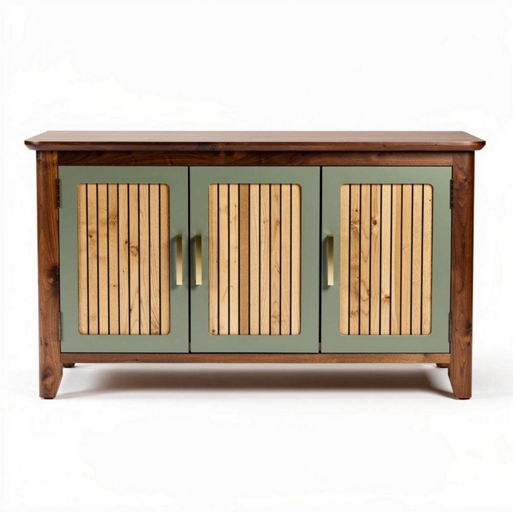 Credenza in legno con porte a doghe verde e finitura marrone 150 x 50 x 75cm