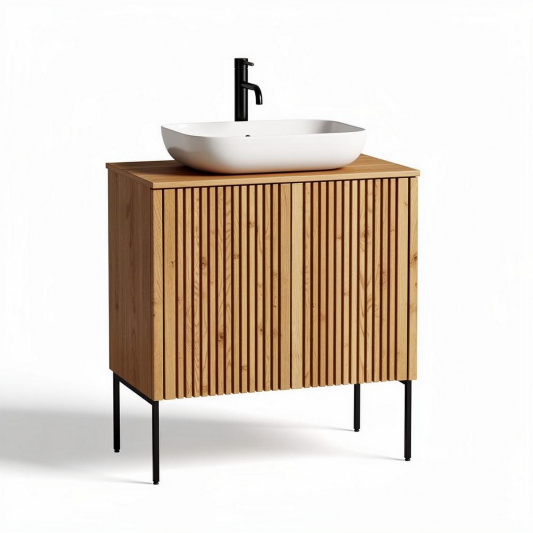 Mobile bagno in legno con lavabo bianco 80 x 50 x 85cm e struttura in metallo nero