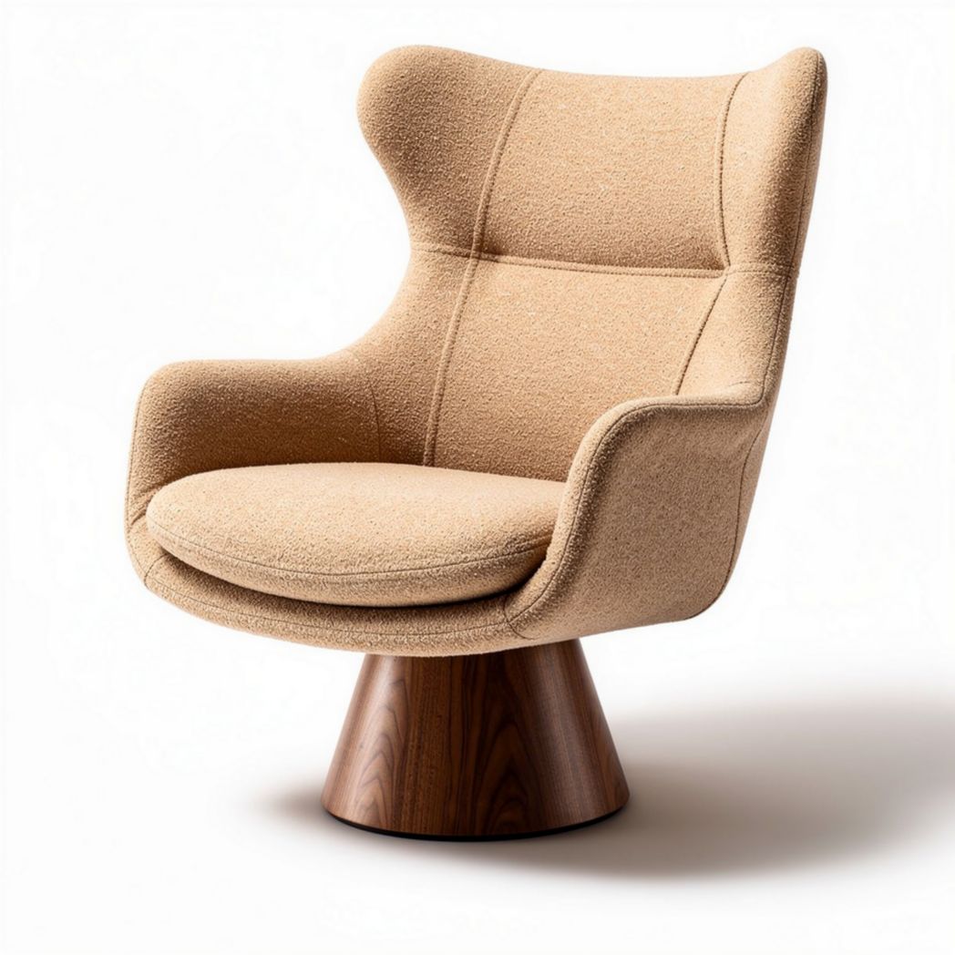 Poltrona in tessuto beige con base in legno di noce dimensioni 80 x 80 x 100cm