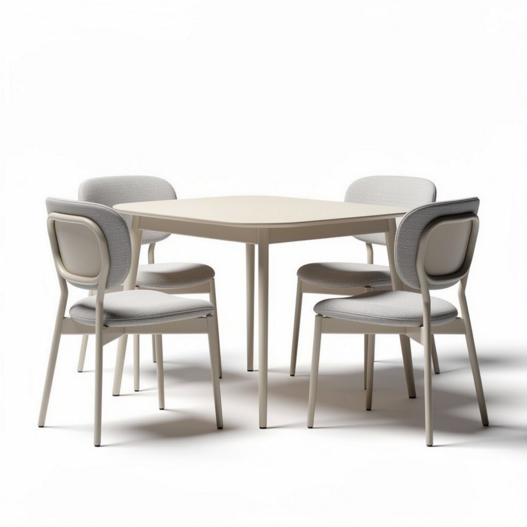 Tavolo quadrato 75 x 75 cm con quattro sedie in plastica beige e tessuto grigio