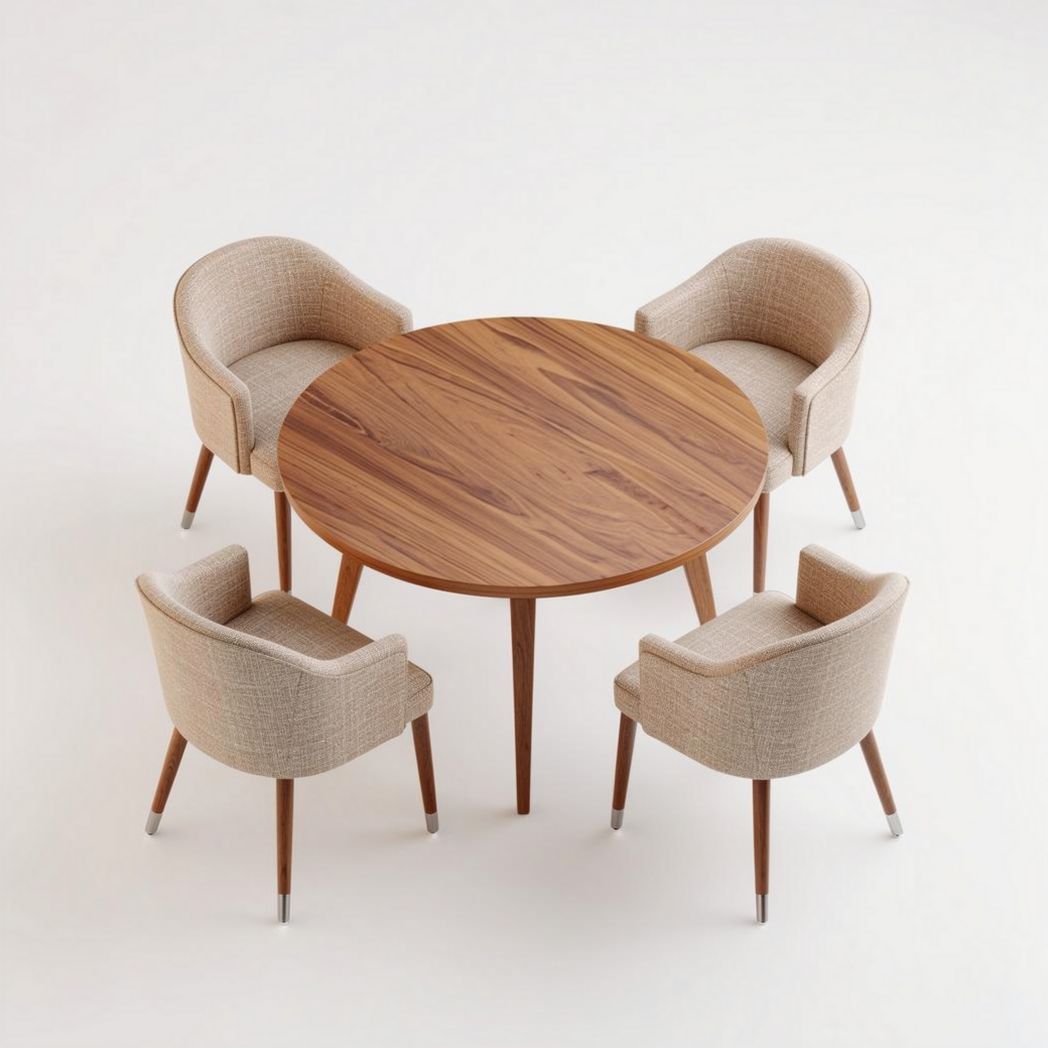 Tavolo rotondo in legno con quattro sedie imbottite beige dimensioni 120 x 120 x 75cm